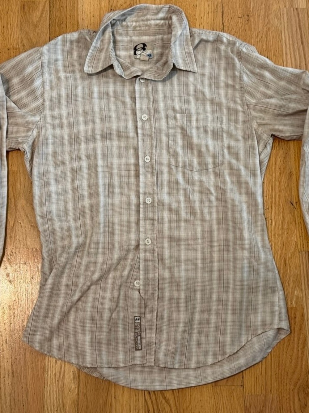 Anchor Blue Men's M Beige Plaid Woven Long Sleeve Point Collar Button-Up Slim